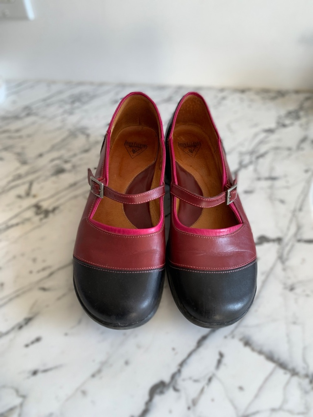 Fluevog’s Sandra Leather Mary Jane Shoes in Burgundy and Black